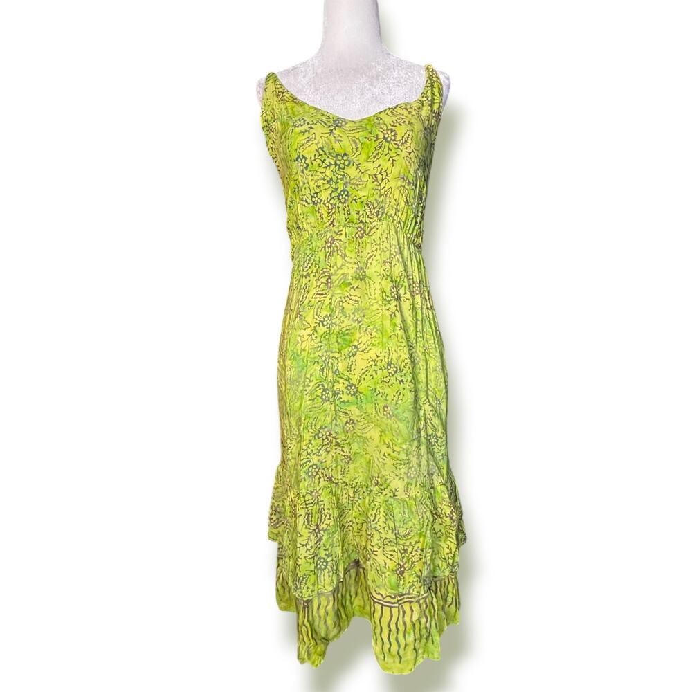 Vintage Lime‎ Green Batik Rayon Tiered Sundress Boho Tropical Midi Dress Artsy